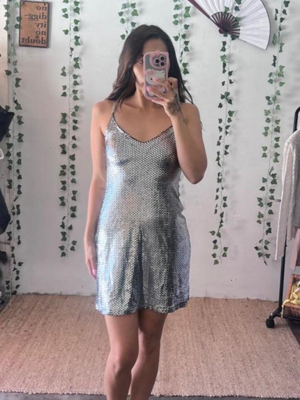 Ineptie Paris silver mini dress with silver chain straps and back zipper size s